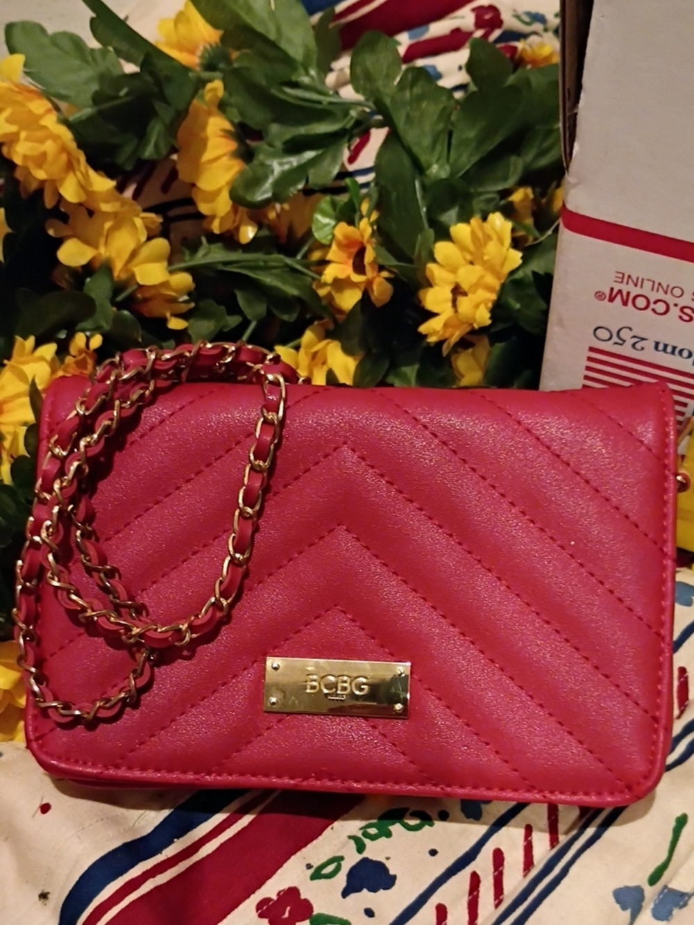 BCBG Hot Pink Quilted Crossbody with Gold Chain